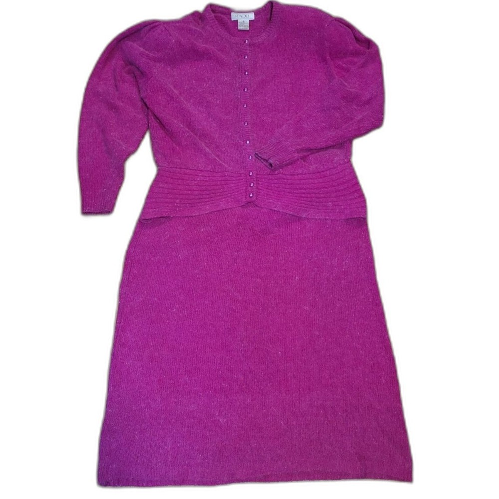 Vintage 80s XL Hot Pink Power‎ Knit Silk Angora Sweater Skirt Set Hong Kong